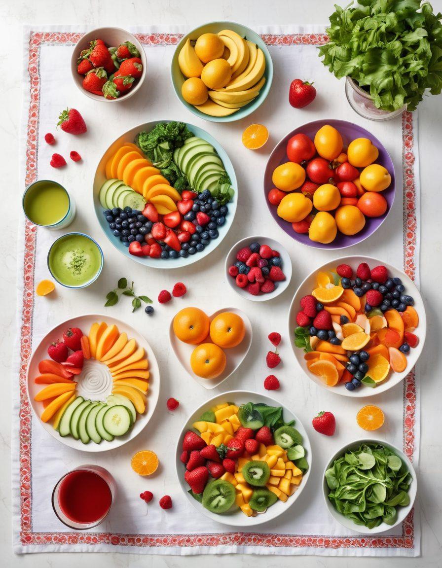 A vibrant kitchen scene depicting fresh fruits, vegetables, and healthy heart recipes, paired with exercise elements like dumbbells and a yoga mat. A sunny dining table setup inviting healthy meals, with a heart symbol subtly integrated. Bright colors and a cheerful atmosphere to convey positivity and vitality. super-realistic. vibrant colors. white background.