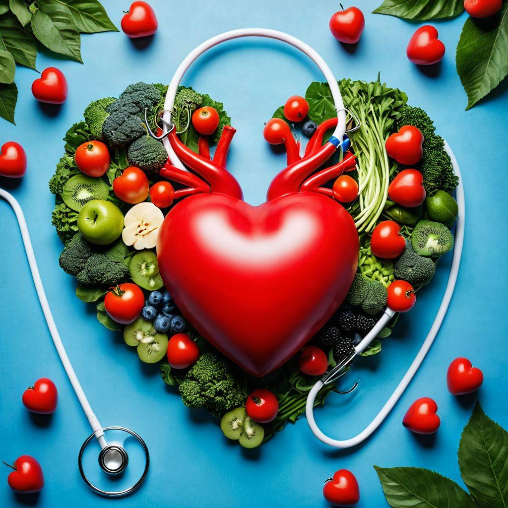 A vibrant heart surrounded by lush green leaves symbolizing wellness and vitality. Include a stethoscope elegantly coiled around the heart, with a serene blue background representing calmness and health. Subtle icons of healthy foods like fruits and vegetables should be integrated into the design to signify diet and prevention strategies. Bright, inviting colors to evoke a sense of empowerment and hope. super-realistic. vibrant colors. soothing background.